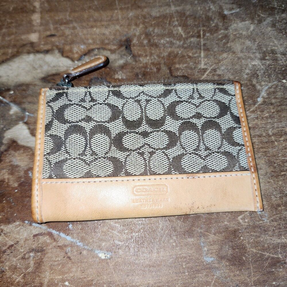 COACH Signature Brown Canvas Leather Key Chain Credit Card Wallet